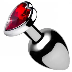 3.6-inch Stainless Steel Silver Medium Anal Plug with Red Heart Gem