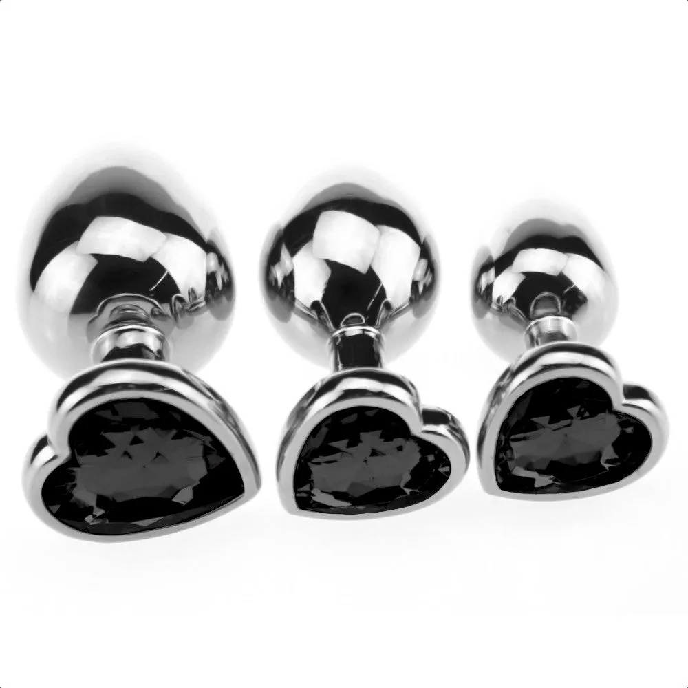 Black Heart Shaped Jeweled Princess Plug 3 Piece Set